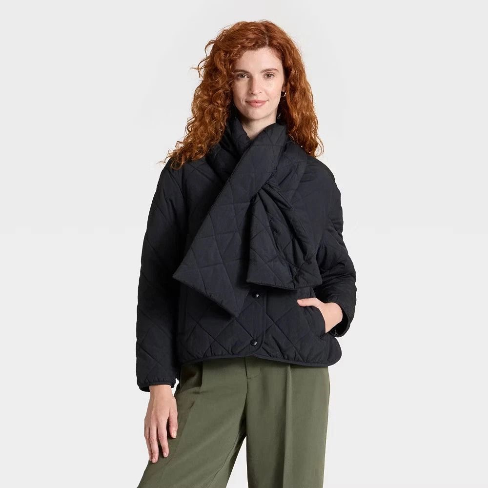Women's Quilted Scarf Jacket - A New Day Black M